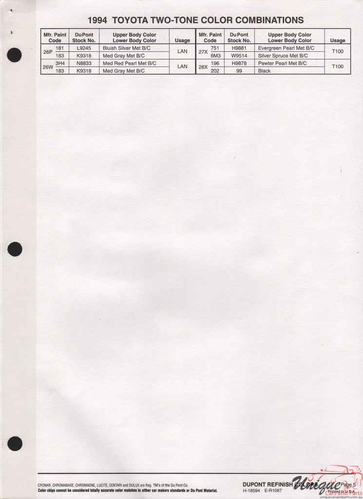 1994 Toyota Paint Charts DuPont 5